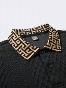 Daypath Men's Knitted Jacquard Textured Ribbed Collar & Cuffs Polo Shirt, Formal - Black - View 6