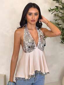 Glamine Áo vest hở lưng cổ yếm đính sequin và tua rua thanh lịch, thời trang cho các buổi hẹn hò và đi chơi mùa xuân/hè. - Màu be - Xem 6