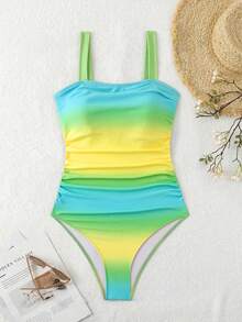 Swim Lushoire Áo tắm liền thân nữ thanh lịch, tôn dáng, phối ombre, xếp ly, dây đeo rộng. - Màu xanh Bạc hà - Xem 3