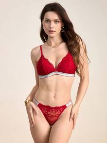 Hourtrue 2 件套女士蕾丝性感迷人浪漫银色丝带内衣套装 - 酒紅色 - 查看 3