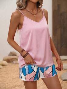 Breezaya Set da 2 pezzi composto da canotta monocromatica minimal per uso quotidiano e pantaloncini stampati - Rosa - Visualizzare 3
