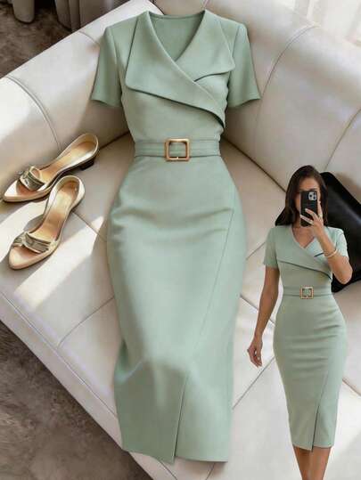SHEIN Vestido de unicolor de longitud media con diseño de hebilla con forma de sol de metal, ajuste elegante y estilizador para la calle, el trayecto, la cita, el Día de San Valentín 2026 Primavera/Verano Nuevo versátil para salir, fiesta, manga corta verde con cuello irregular y cinturón