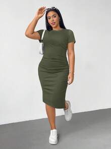 SHEIN Essnce Plus Size Women's Army Green Summer Smart Casual Everyday Short Sleeve Slit Slim Mid-Length Dress,Elastic Fashion Cuffs Comfortable Versatile Basic - Army Green - View 3