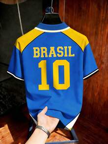 Manfinity Campus Court Retro Brazil Team Polo Shirt For Men Loose Fit Colorblock Polo Shirt For Men Graphic T-Shirt For Men Graphic T-Shirt, Soccer - Multicolor - View 2