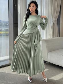 Modelyn Women's Solid Color Round Neck Pleated Hem Elegant Dress,Dresses For Women Summer - Green - View 5