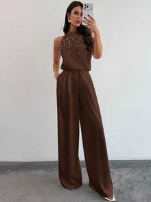 Firerie Quần ống rộng ôm dáng màu trắng thanh lịch không tay cổ tàu đính ngọc trai dành cho nữ, bộ jumpsuit trắng lãng mạn đính ngọc trai, jumpsuit không tay, thời trang công sở nữ, lễ tốt nghiệp, đồng phục giáo viên, trang phục xuân hè thu, thanh lịch, đi làm, hẹn hò, tiệc tùng, lễ hội âm nhạc, mùa cưới, tốt nghiệp, dạ hội, biểu diễn, hòa nhạc, trang phục công sở, tựu trường, tiệc thường niên, sinh nhật nữ, trang phục ngày lễ - màu nâu - Xem 7