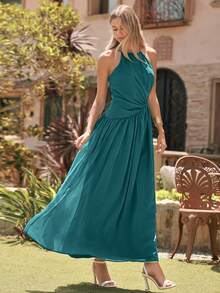 Amorya Women's Teal Elegant Halter Neck Ruched Long Dress, Summer Tropical Holiday Vacation Outfit, Wedding Tea Party Guest Bridesmaid Formal Evening Gown - Aqua Blue - View 6