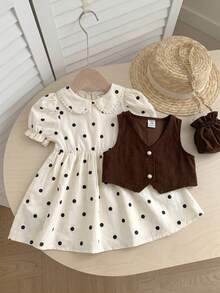 SHEIN 2件組女嬰編織純色背心＋波點泡泡袖洋裝休閒套裝，附斜跨包 - 彩色 - 查看 7