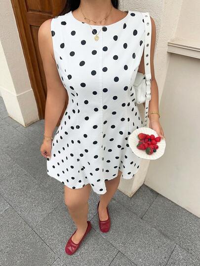 Rivivi 大码女式夏季波点印花圆领无袖休闲连衣裙