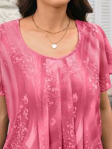 EMERY ROSE Plus Size Women Summer Pink Floral Print Elegant Tea Party Brunch Tunic Blouse,Round Neck Ruffle Trim Short Sleeve Casual Loose Fit Vacation Shirt - Hot Pink - View 4