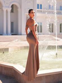 Glamrae Đầm bơi dáng đuôi cá trễ vai, xếp ly, sang trọng, đính cườm và sequin, chất liệu dệt kim co giãn, thích hợp cho đám cưới, tiệc tùng, kỳ nghỉ, dạ hội (đính kèm nhiều chi tiết trang trí). - Cà phê nâu - Xem 3