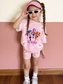 Young Girl K-POP Cartoon Cute Heart Pattern Light Pink 2-Piece Set,Short Sleeve T-Shirt And Knee Length Cycling Shorts,Summer,Family Matching,Daily Wear - Multicolor - View 4