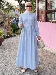 DAZY Gaun Wanita Elegan dengan Motif Renda Patchwork, Leher V, Panjang Sedang, Gaun Musim Semi/Panas - Biru - View 4