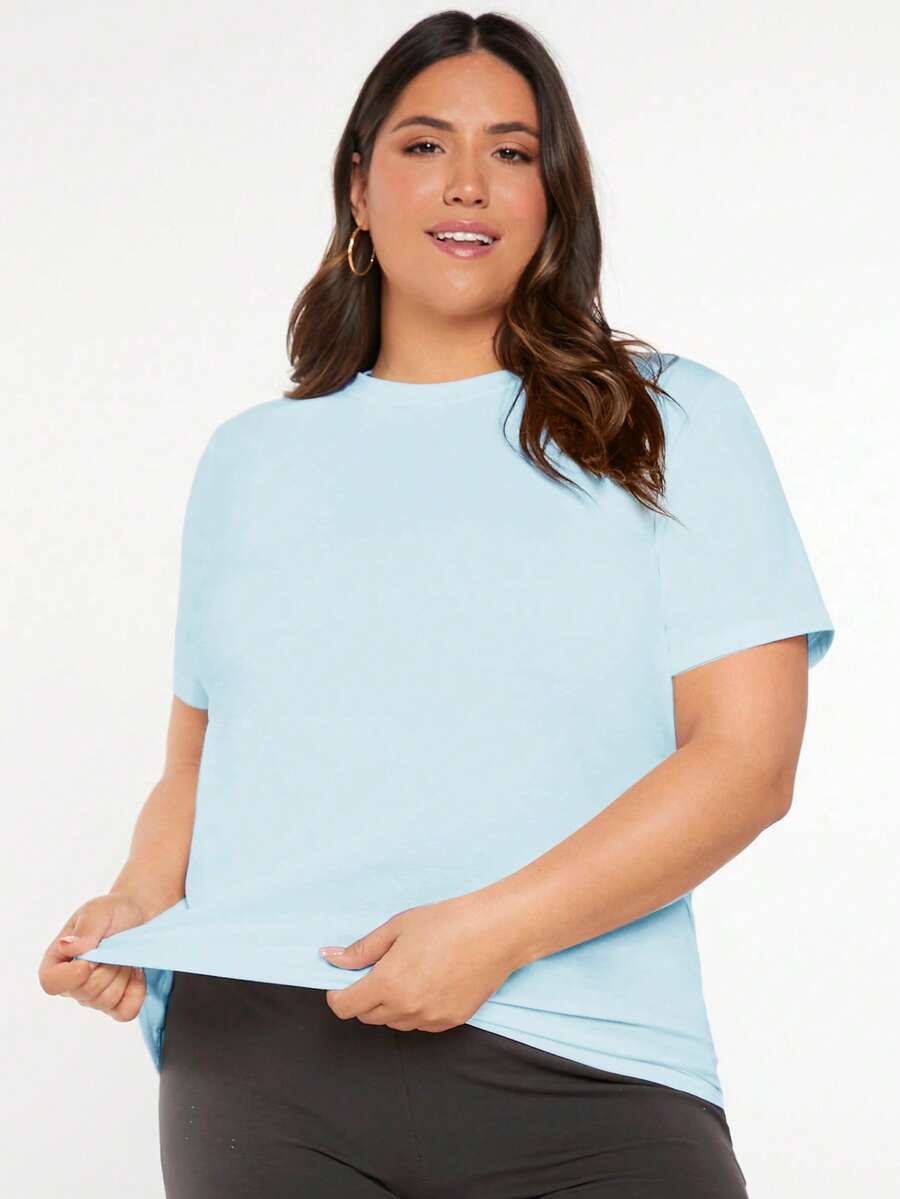 SHEIN BASICS 大码女式纯色圆领短袖休闲T恤 - 淺藍色 - 查看 1