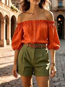 Balvessa New Arrival French Style Off-Shoulder Petal Sleeve Top - Orange - View 1