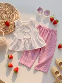 SHEIN 2件套女婴幼儿/新生儿0-3岁春夏休闲甜美日常度假条纹梭织无袖上衣和阔腿裤两件套女童夏季套装2件套亚麻套装女童公主休闲裤套装女童裤子和上衣2件套女童可爱复古风女童休闲裤套装女童休闲裤套装女童套装 - 粉色 - 查看 1