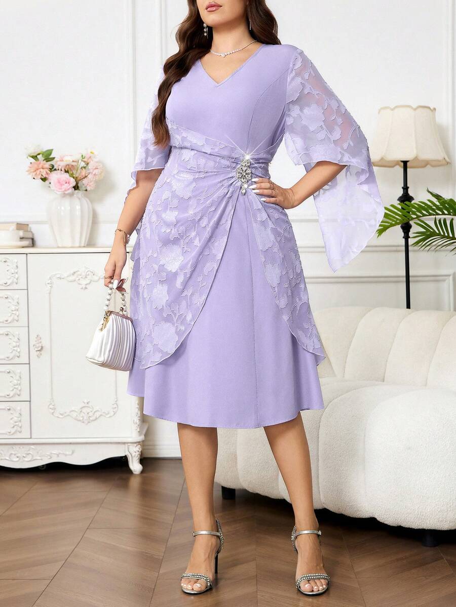 SHEIN Clasi Plus Size Women V-Neck Rhinestone Decor Ruched Waist Elegant Party Dress - Mauve Purple - View 1