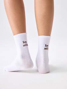 Loungeista 3 đôi tất cotton dài đến bắp chân thêu chữ "Keep Smiling" dành cho nữ, thời trang và đa năng. - Nhiều màu - Xem 4