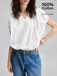 Ontre Women's Solid V-Neck Casual Versatile Daily Wear Top - White - View 5