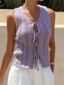 DAZY Solid Color Fitted Cinched Waist Sleeveless Round Neck Casual Chic French Vacation Autumn Top Traveling Light Purple School - Mauve Purple - View 5