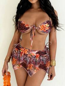 Swim SXY 3 pezzi Set da bagno con top a canotta con stampa floreale e animale, slip con lacci ai lati e gonna a volant in rete - Multicolore - Visualizzare 5