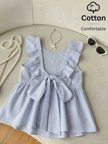 SHEIN EZwear 蓝色梭织女式荷叶边条纹印花露背上衣 - 藍白色 - 查看 9