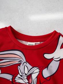 LOONEY TUNES X SHEIN 2件套男婴字母印花短袖T恤和短裤休闲套装 - 紅色 - 查看 4