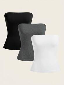 SHEIN BASICS Bộ 3 áo hai dây dệt kim màu trơn kiểu dáng thường ngày dành cho nữ. - Nhiều màu - Xem 1