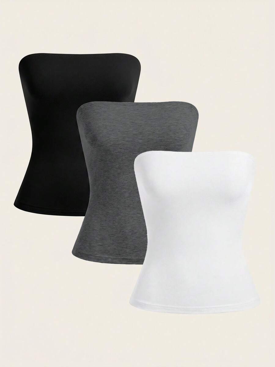 SHEIN BASICS Bộ 3 áo hai dây dệt kim màu trơn kiểu dáng thường ngày dành cho nữ. - Nhiều màu - Xem 1