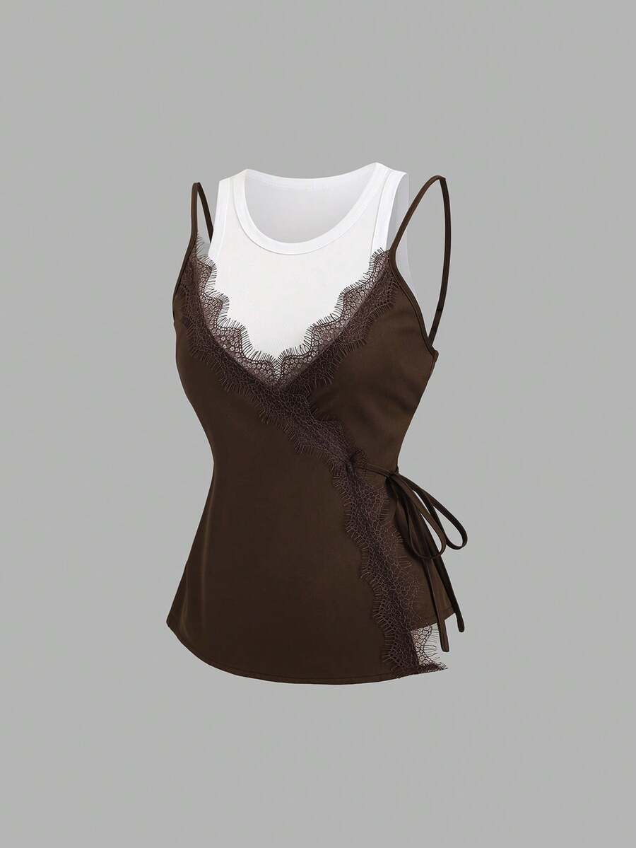Sweetra Women's Spring/Summer New Design Sense High Street Elegant Vacation Retro Texture Minimalist Slim Fit 2 In 1 Shirt - Brown - View 1