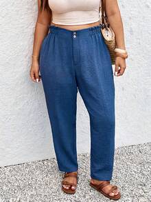 SHEIN Frenchy Quần skinny cạp chun kiểu túi giấy màu trơn dành cho nữ cỡ lớn, thích hợp mặc đi nghỉ mát và đi làm. - Màu xanh hải quân - Xem 1
