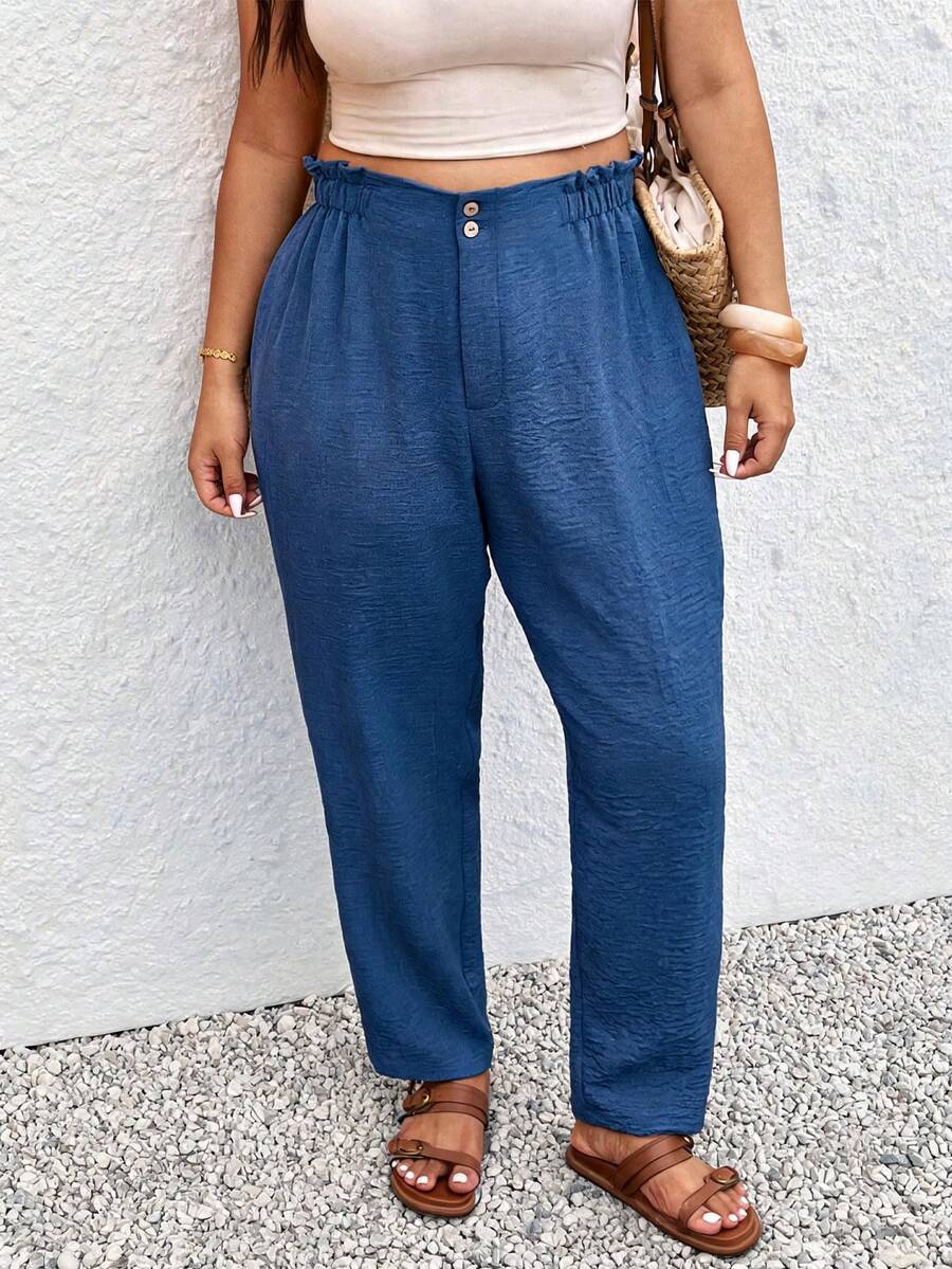 SHEIN Frenchy Quần skinny cạp chun kiểu túi giấy màu trơn dành cho nữ cỡ lớn, thích hợp mặc đi nghỉ mát và đi làm. - Màu xanh hải quân - Xem 1