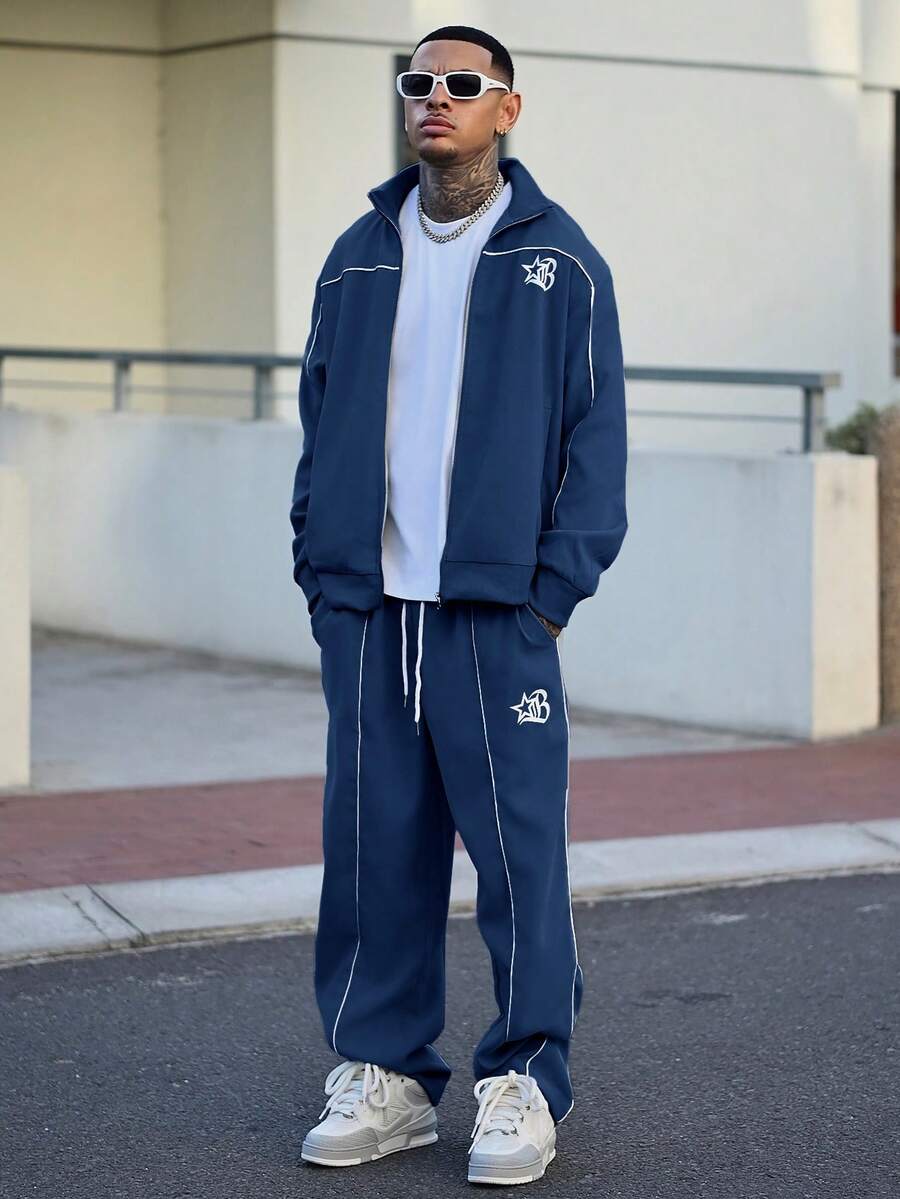 Devon Thys 2 件男士休闲撞色饰边拉链夹克和抽绳腰裤套装男士运动服男士 2 件套,秋季服装 - 藏蓝色 - 查看 1
