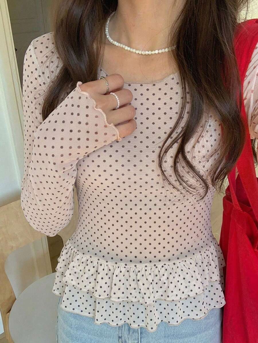 DAZY Women's Polka Dot Sheer Long Sleeve Crew Neck Undershirt, Spring/Summer - Apricot - View 1