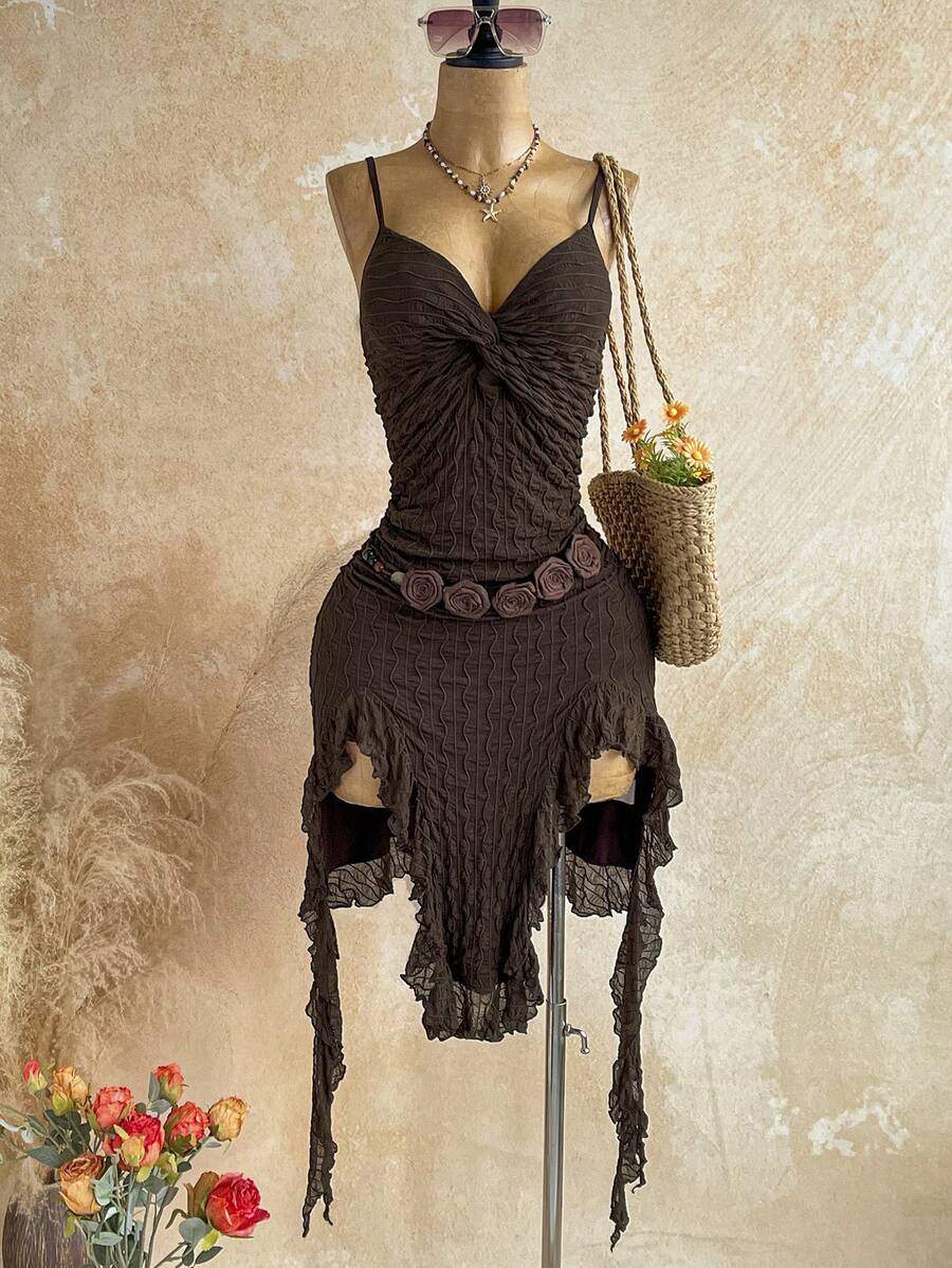 Soleia Women's Twist Design Ruffle Asymmetric Hem Camisole Dress,Dresses For Women Summer Beach Dark Brown Boho - Coffee Brown - View 1