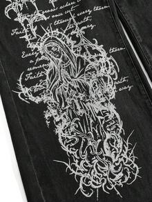 ROMWE Grunge Punk Celana Jeans Wanita Ukuran Besar Model Lurus Ekstra Panjang Motif Punk dengan Duri dan Salib Bunda Maria, Cetakan Inggris. - Hitam - View 10