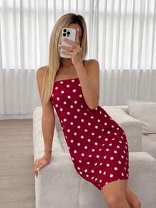 Easowa Vestido corto de mujer con tirantes de espagueti y estampado de lunares con espalda descubierta - Rojo y blanco - Ver 5