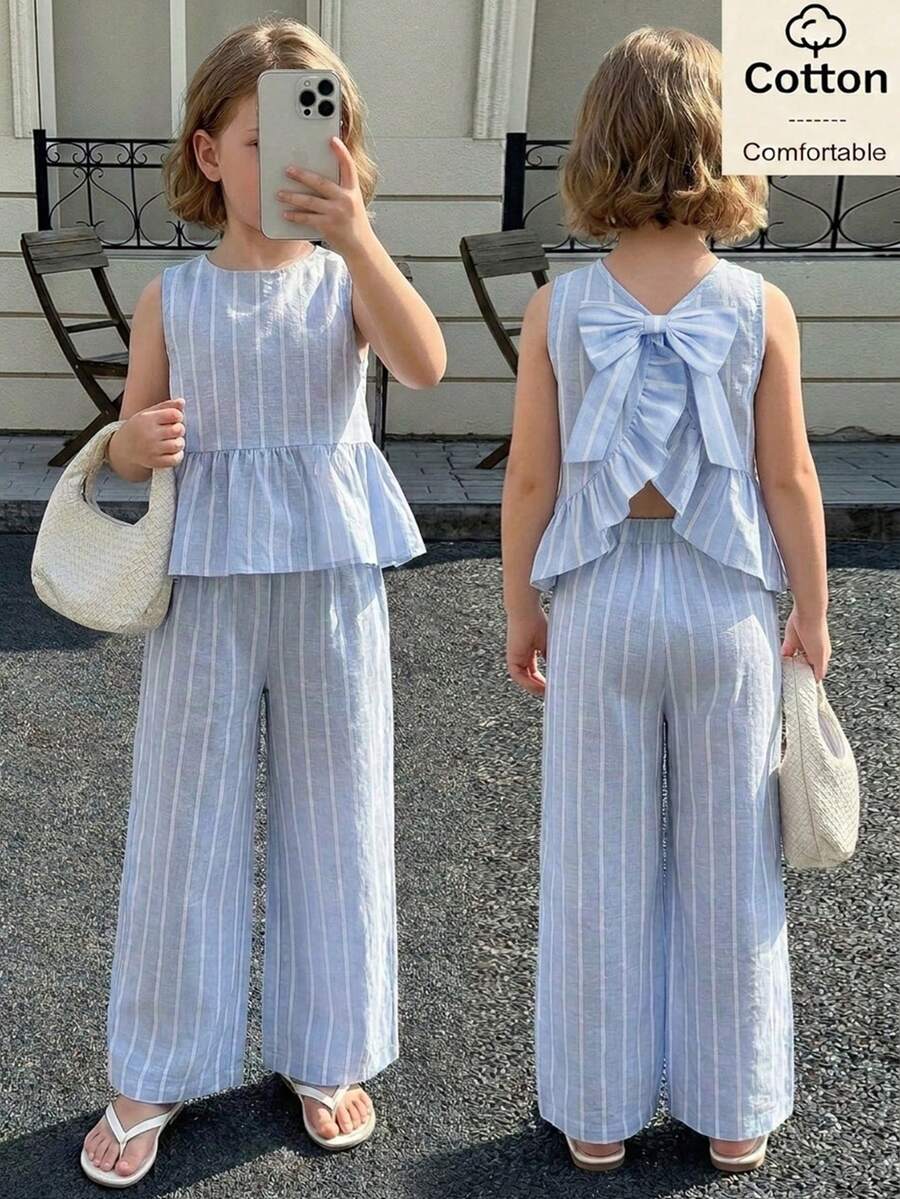 SHEIN Young Girl Casual Plaid Criss-Cross Top And Long Pants Set, Suitable For Daily Wear And Vacation - Blue - View 1