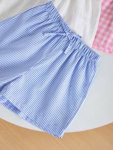 SHEIN 3件套少女梭织纯色条纹格子休闲短裤套装，三件套少女夏季短裤，少女服装，少女短裤，格子短裤，条纹短裤，柔软透气，少女弹力腰带短裤，夏季舒适日常穿着 - 彩色 - 查看 7