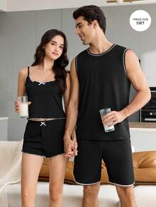 CoupledUp Bộ đồ ngủ nam mềm mại, có họa tiết, kiểu dáng thường ngày, gồm áo ba lỗ và quần short. - màu đen - Xem 4