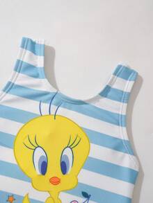 LOONEY TUNES X SHEIN Bộ đồ bơi liền thân cho bé gái họa tiết vịt hoạt hình dễ thương, kẻ sọc. - Màu vàng - Xem 3