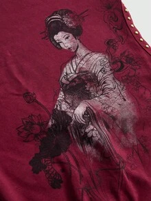 ROMWE Grunge Punk Model Camisole Seksi Berpotongan Dalam dengan Detail Draping dan Motif Kepala Harimau & Geisha Bergaya Vintage Y2K Retro dengan Hiasan Berlian Imitasi untuk Wanita - Burgundy - View 3