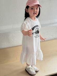 DAZY Vestido casual de manga corta con cuello redondo, estampado floral con volantes, estilo coreano para niñas pequeñas. Vestidos de sol para mujeres - Blanco - Ver 7
