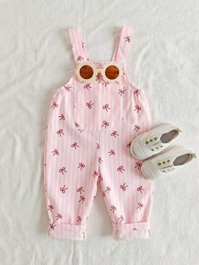 SHEIN Mono de rayas rosa con lazo para bebé niña, recién nacido y niña pequeña de 0 a 3 años, de uso versátil y diario, nueva llegada para primavera/verano