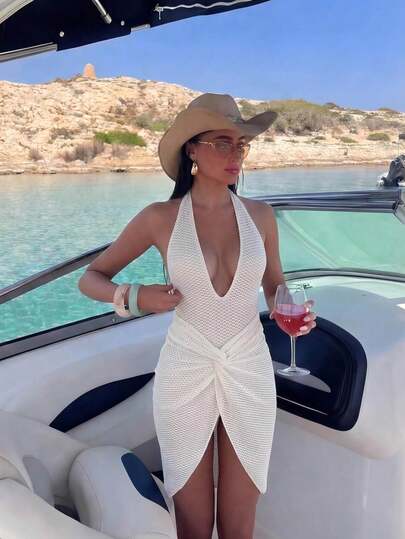 Bonvoyette Hollow Mesh Skirt & V-Neck One-Piece Swimsuit Set, Women's Swimsuit