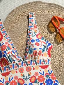 Swim Lushoire Áo tắm liền thân cổ chữ V khoét sâu họa tiết retro mới về, kiểu dáng trưởng thành, mùa xuân/hè. - Nhiều màu - Xem 6