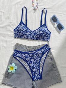 Swim Mod Bộ bikini hai mảnh mùa hè dành cho nữ, kiểu dáng dễ thương, ngọt ngào, chất liệu dệt kim jacquard họa tiết hoa, gồm áo hai dây và áo tam giác cổ chữ V. - Màu xanh lam - Xem 2