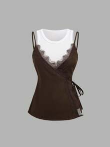 Sweetra Women's Spring/Summer New Design Sense High Street Elegant Vacation Retro Texture Minimalist Slim Fit 2 In 1 Shirt - Brown - View 3