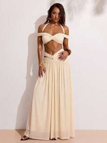 SHEIN BAE Chân váy maxi nữ kiểu dáng bất đối xứng, trang trí kim loại, thích hợp cho kỳ nghỉ thường ngày, ngày Valentine, lễ hội âm nhạc, tụ họp bạn bè, màu đỏ nâu, đi biển. - Màu be - Xem 6