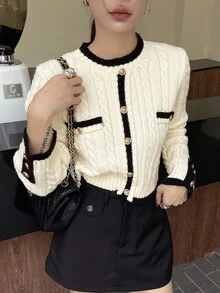 Wynsel Women's Elegant Contrast Trim Button Knit Sweater, Autumn - Beige - View 7